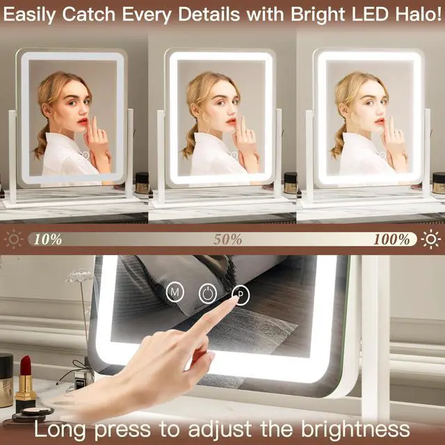 Alt view image 2 of 7 - Vanity Mirror with Lights - 15"x12.6" LED Lighted Makeup Mirror, Large Makeup Mirror with Lights, Touch Screen with 3-Color Lighting, Dimmable, for Vanity Desk Tabletop, Bedroom