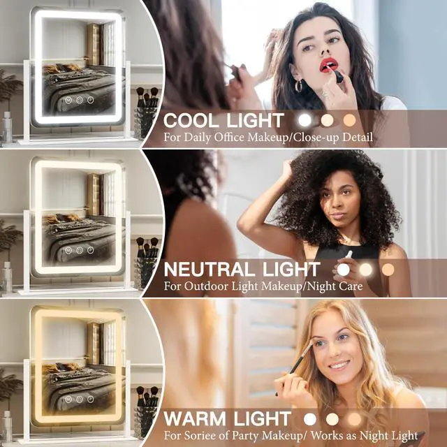 Alt view image 3 of 7 - Vanity Mirror with Lights - 15"x12.6" LED Lighted Makeup Mirror, Large Makeup Mirror with Lights, Touch Screen with 3-Color Lighting, Dimmable, for Vanity Desk Tabletop, Bedroom