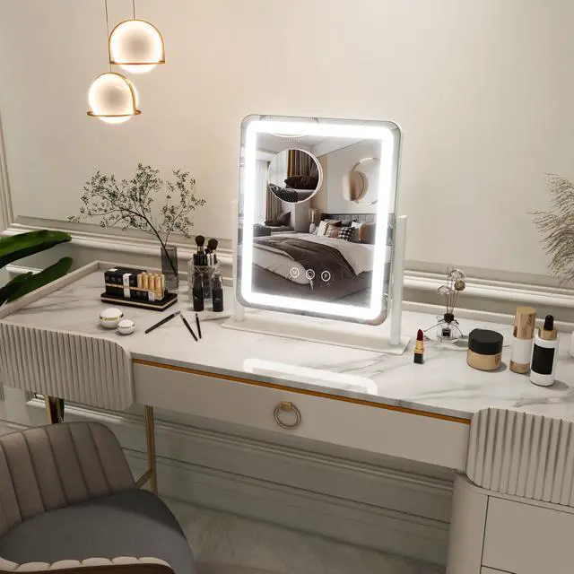 Alt view image 6 of 7 - Vanity Mirror with Lights - 15"x12.6" LED Lighted Makeup Mirror, Large Makeup Mirror with Lights, Touch Screen with 3-Color Lighting, Dimmable, for Vanity Desk Tabletop, Bedroom