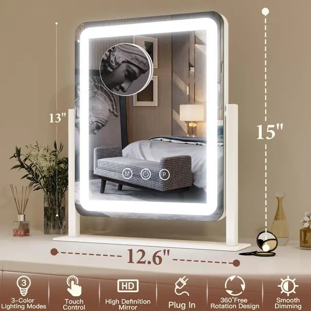 Alt view image 5 of 7 - Vanity Mirror with Lights - 15"x12.6" LED Lighted Makeup Mirror, Large Makeup Mirror with Lights, Touch Screen with 3-Color Lighting, Dimmable, for Vanity Desk Tabletop, Bedroom