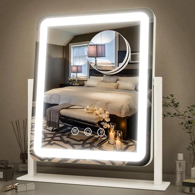 Main image of Vanity Mirror with Lights - 15"x12.6" LED Lighted Makeup Mirror, Large Makeup Mirror with Lights, Touch Screen with 3-Color Lighting, Dimmable, for Vanity Desk Tabletop, Bedroom