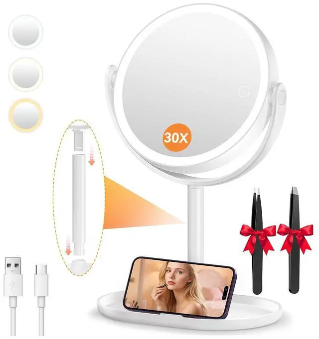 Main image of 30X/1X Detachable Makeup Mirror with Lights, 3-Color Dimmable Lights