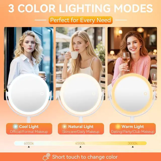 Alt view image 2 of 7 - 30X/1X Detachable Makeup Mirror with Lights, 3-Color Dimmable Lights