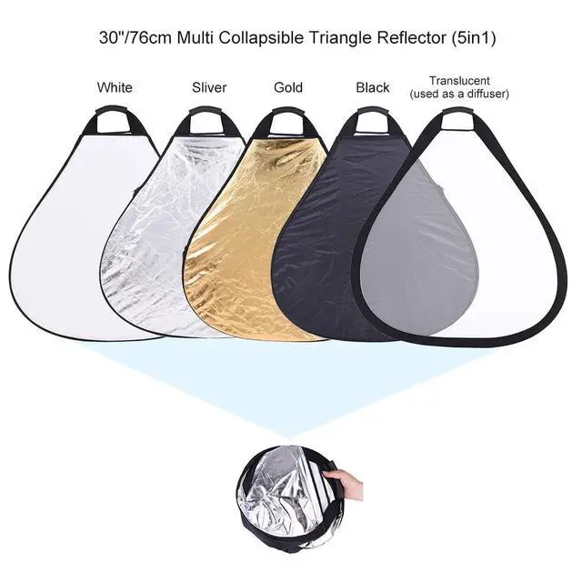 Alt view image 3 of 7 - 5-in-1 Triangle Photography Reflector 12" | Gold Silver White Transparent Black | Single-Hand Grip | Portable Durable Light Reflector with Carrying Case (30cm)