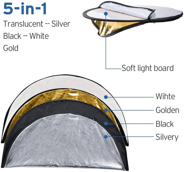 Alt view image 2 of 7 - 24" (60cm) 5-in-1 Photography Reflector, Multi-Disc Light Reflectors for Photography, Collapsible with Bag - Translucent, Silver, Gold, White and Black