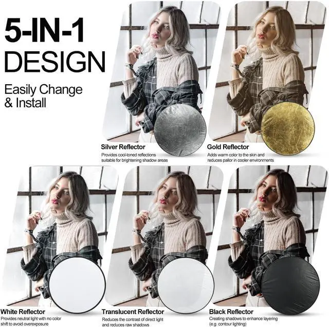 Alt view image 2 of 7 - 24'' (60cm) 5 in 1 Photo Collapsible Photography Reflector with Bag - Portable Camera Panel for Studio Video,Outdoor Lighting, Indoor Shooting, Portraint -Translucent, White, Silver, Gold, Black