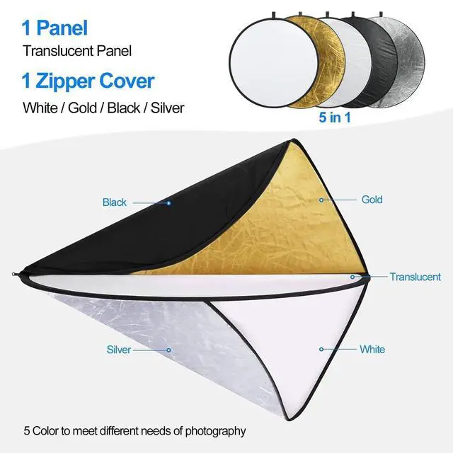 Alt view image 3 of 7 - 24'' (60cm) 5 in 1 Photo Collapsible Photography Reflector with Bag - Portable Camera Panel for Studio Video,Outdoor Lighting, Indoor Shooting, Portraint -Translucent, White, Silver, Gold, Black