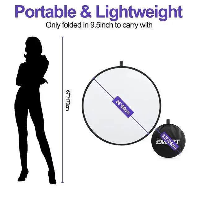 Alt view image 5 of 7 - 24'' (60cm) 5 in 1 Photo Collapsible Photography Reflector with Bag - Portable Camera Panel for Studio Video,Outdoor Lighting, Indoor Shooting, Portraint -Translucent, White, Silver, Gold, Black