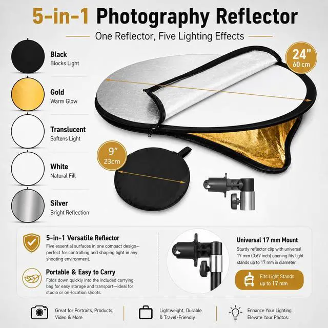 Alt view image 2 of 7 - 24in 5 in 1 Photography Reflector with Clip and Carrying Bag,Collapsible Photo Reflector,Round Light Reflectors for Photography,Gold Silver White Black Translucent Diffuser for Studio Outdoor Shooting
