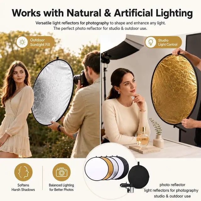 Alt view image 7 of 7 - 24in 5 in 1 Photography Reflector with Clip and Carrying Bag,Collapsible Photo Reflector,Round Light Reflectors for Photography,Gold Silver White Black Translucent Diffuser for Studio Outdoor Shooting