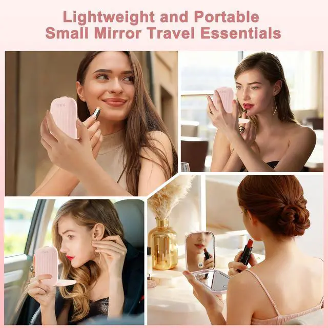 Alt view image 4 of 7 - Compact Mirror,1X/10X Magnification LED Travel Small Portable Makeup Mirror with Lights 2-Sided,3 Color Lighting,Adjustable Brightness,Folding Mini Mirror for Purse,Pocket,Handheld,Pink