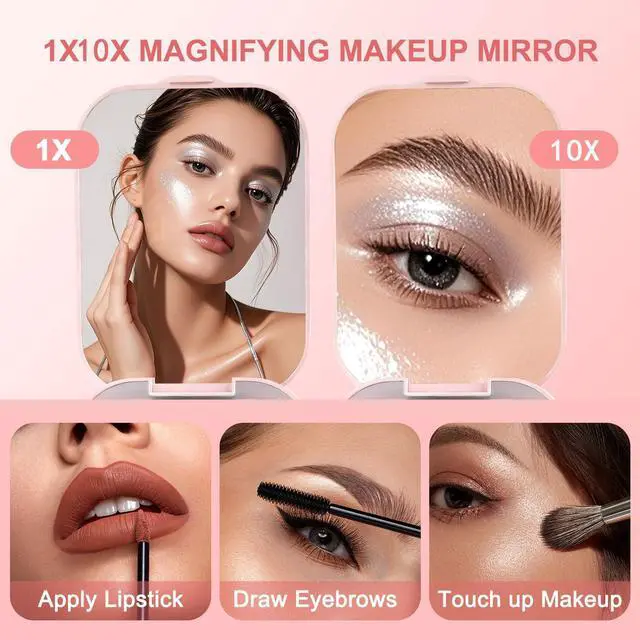 Alt view image 3 of 7 - Compact Mirror,1X/10X Magnification LED Travel Small Portable Makeup Mirror with Lights 2-Sided,3 Color Lighting,Adjustable Brightness,Folding Mini Mirror for Purse,Pocket,Handheld,Pink