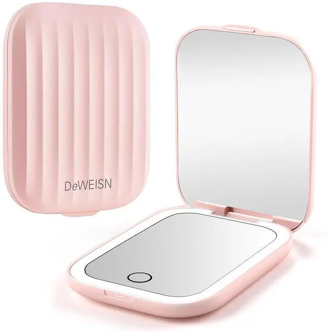 Main image of Compact Mirror,1X/10X Magnification LED Travel Small Portable Makeup Mirror with Lights 2-Sided,3 Color Lighting,Adjustable Brightness,Folding Mini Mirror for Purse,Pocket,Handheld,Pink
