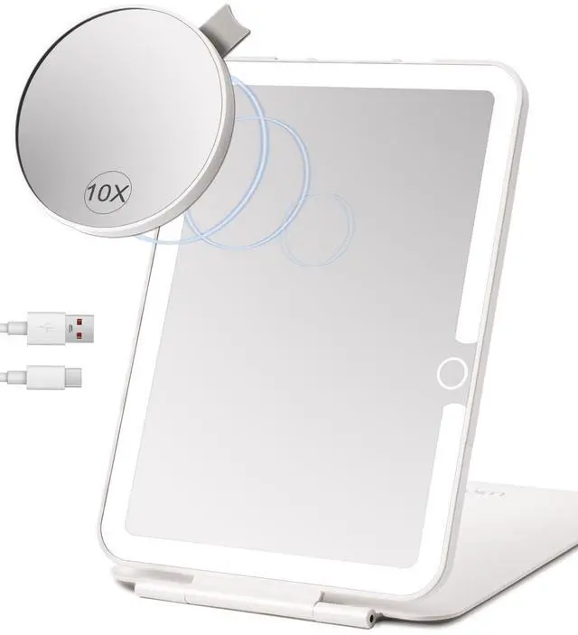 Main image of Rechargeable Travel Makeup Mirror with Light,7x5 inches Portable Lighted Vanity Mirror with Small 10X Magnifying, LED 3 Color Dimmable, Tabletop Folding Compact Mirror