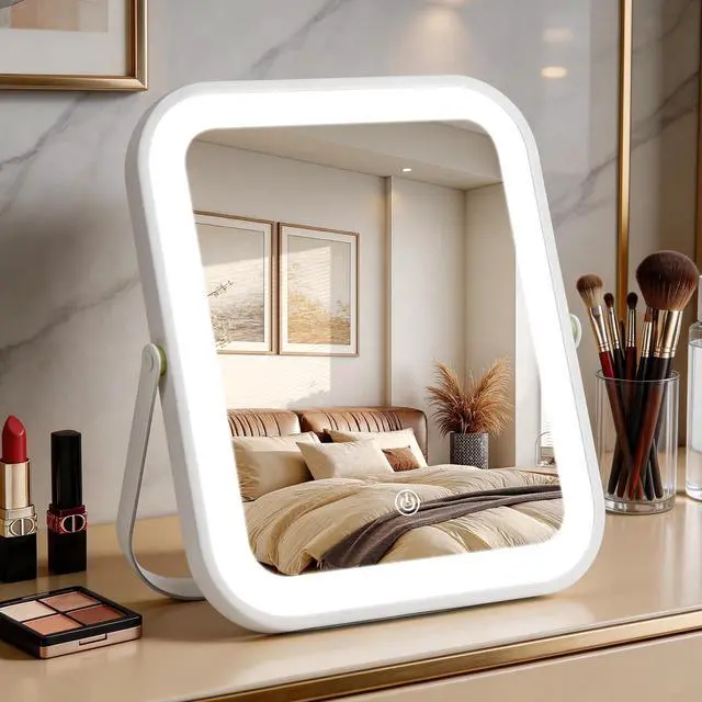 Main image of Rechargeable Vanity Mirror with Lights, 10"×8" Makeup Mirror with Lights, 1500mAH Battery, Smart Touch with 3-Color Lighting, Dimmable, HD Desk Mirror, Travel Essentials, Women Gift (White)