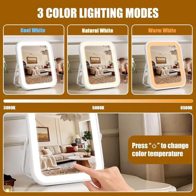 Alt view image 3 of 7 - Rechargeable Vanity Mirror with Lights, 10"×8" Makeup Mirror with Lights, 1500mAH Battery, Smart Touch with 3-Color Lighting, Dimmable, HD Desk Mirror, Travel Essentials, Women Gift (White)