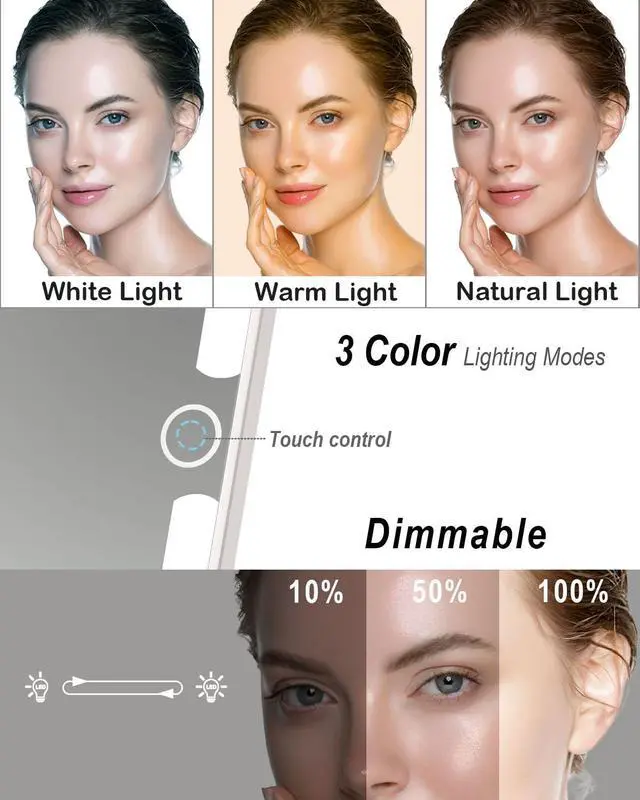 Alt view image 3 of 6 - Rechargeable Travel Makeup Mirror with Light,7x5 inches Portable Lighted Vanity Mirror with Small 10X Magnifying, LED 3 Color Dimmable, Tabletop Folding Compact Mirror