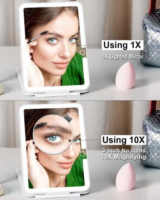 Alt view image 4 of 6 - Rechargeable Travel Makeup Mirror with Light,7x5 inches Portable Lighted Vanity Mirror with Small 10X Magnifying, LED 3 Color Dimmable, Tabletop Folding Compact Mirror