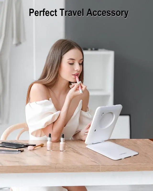 Alt view image 6 of 6 - Rechargeable Travel Makeup Mirror with Light,7x5 inches Portable Lighted Vanity Mirror with Small 10X Magnifying, LED 3 Color Dimmable, Tabletop Folding Compact Mirror