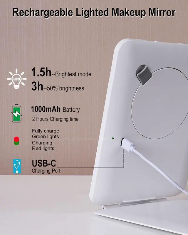 Alt view image 5 of 6 - Rechargeable Travel Makeup Mirror with Light,7x5 inches Portable Lighted Vanity Mirror with Small 10X Magnifying, LED 3 Color Dimmable, Tabletop Folding Compact Mirror