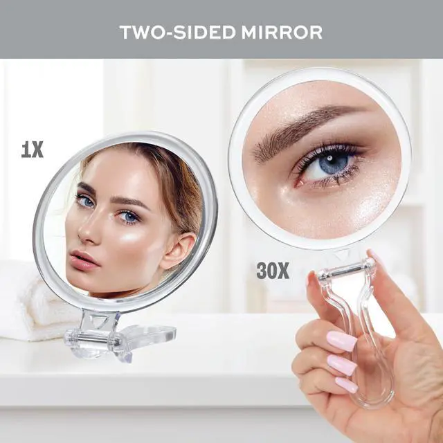 Alt view image 2 of 7 - Expert 30X Magnifying Handheld Mirror, Double-Sided Hand Mirror with Folding Adjustable Handle for Makeup, Travel, Clear