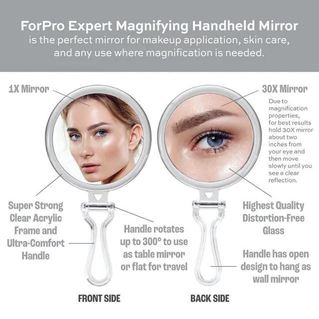 Alt view image 6 of 7 - Expert 30X Magnifying Handheld Mirror, Double-Sided Hand Mirror with Folding Adjustable Handle for Makeup, Travel, Clear