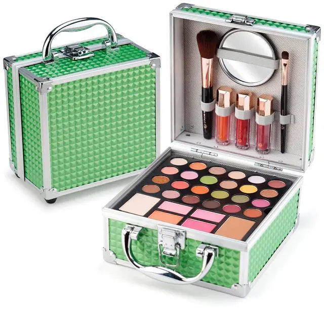 Main image of Beginner Makeup Kit For Teens With The Small Cosmetic Train Case Included 24-Colors Eyeshadow Palette Blushes Bronzer Highlighter Lipstick Brushes Mirror(Green)