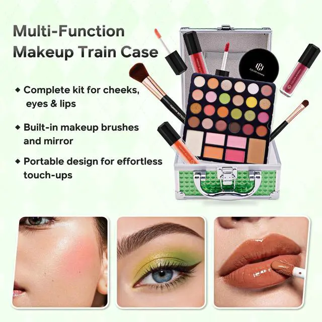 Alt view image 2 of 7 - Beginner Makeup Kit For Teens With The Small Cosmetic Train Case Included 24-Colors Eyeshadow Palette Blushes Bronzer Highlighter Lipstick Brushes Mirror(Green)