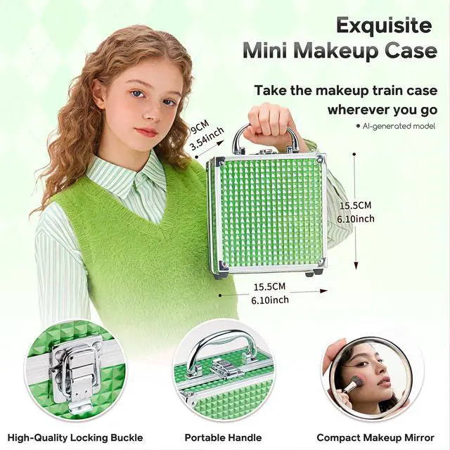 Alt view image 3 of 7 - Beginner Makeup Kit For Teens With The Small Cosmetic Train Case Included 24-Colors Eyeshadow Palette Blushes Bronzer Highlighter Lipstick Brushes Mirror(Green)