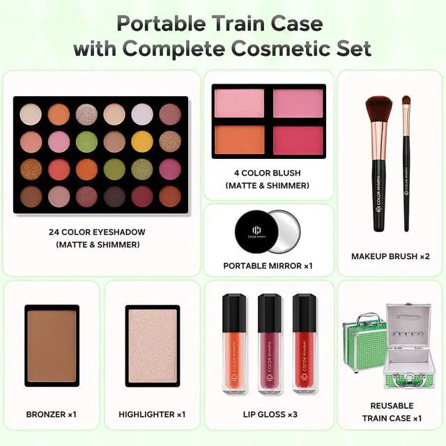 Alt view image 4 of 7 - Beginner Makeup Kit For Teens With The Small Cosmetic Train Case Included 24-Colors Eyeshadow Palette Blushes Bronzer Highlighter Lipstick Brushes Mirror(Green)