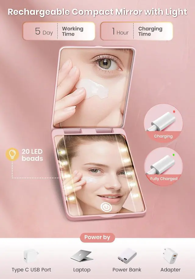 Alt view image 6 of 7 - Compact Mirror, Rechargeable 30X Magnifying Mirror with 3 Lighting Modes & Dimmable Brightness, Portable Travel Makeup Mirror with Light, Essentials for Travel, Pocket, Purse Pink