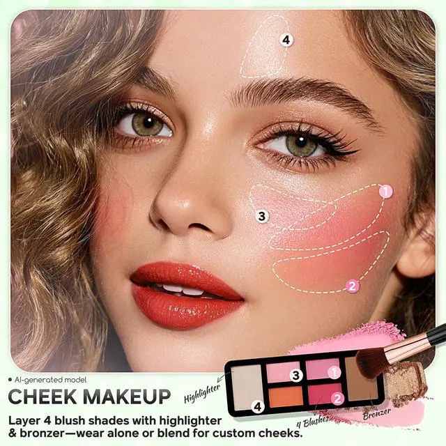Alt view image 6 of 7 - Beginner Makeup Kit For Teens With The Small Cosmetic Train Case Included 24-Colors Eyeshadow Palette Blushes Bronzer Highlighter Lipstick Brushes Mirror(Green)