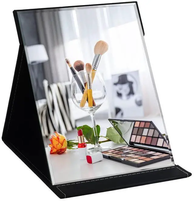 Main image of 12x9 Inches Extra Large Portable Folding Makeup Mirror, Frameless PU Leather Vanity Mirror with Stand for Desk Table Camping Travel Personal, Black