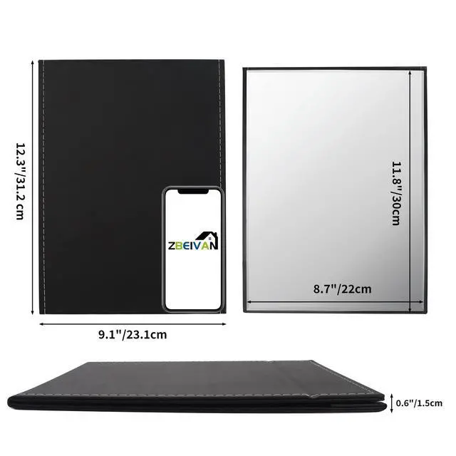 Alt view image 2 of 7 - 12x9 Inches Extra Large Portable Folding Makeup Mirror, Frameless PU Leather Vanity Mirror with Stand for Desk Table Camping Travel Personal, Black