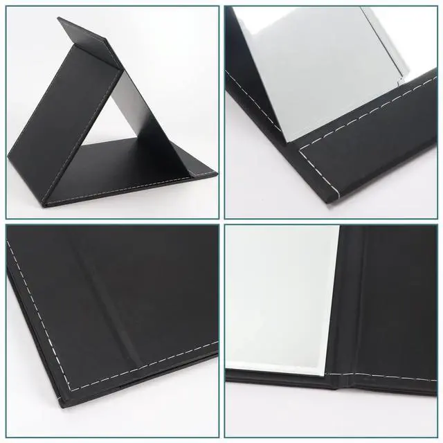 Alt view image 3 of 7 - 12x9 Inches Extra Large Portable Folding Makeup Mirror, Frameless PU Leather Vanity Mirror with Stand for Desk Table Camping Travel Personal, Black