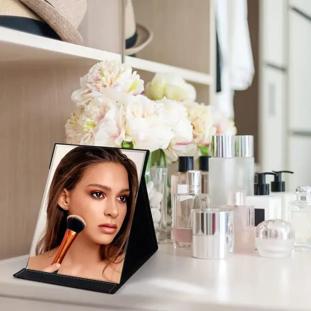 Alt view image 7 of 7 - 12x9 Inches Extra Large Portable Folding Makeup Mirror, Frameless PU Leather Vanity Mirror with Stand for Desk Table Camping Travel Personal, Black