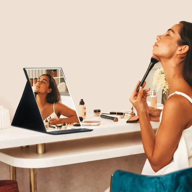 Alt view image 6 of 7 - 12x9 Inches Extra Large Portable Folding Makeup Mirror, Frameless PU Leather Vanity Mirror with Stand for Desk Table Camping Travel Personal, Black