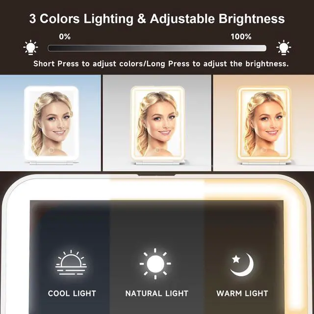 Alt view image 5 of 7 - LED Foldable Travel Makeup Mirror - 5x7 inches 3 Colors Light Modes USB Rechargeable Touch Screen, Portable Tabletop Cosmetic Mirror for Travel, Cosmetic, Office (White)