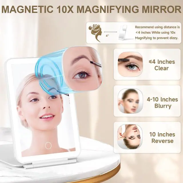 Alt view image 3 of 7 - LED Foldable Travel Makeup Mirror - 5x7 inches 3 Colors Light Modes USB Rechargeable Touch Screen, Portable Tabletop Cosmetic Mirror for Travel, Cosmetic, Office (White)