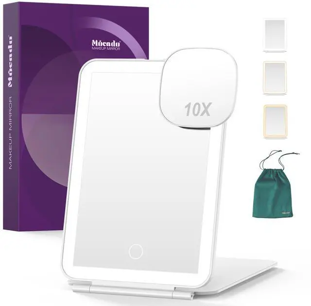 Main image of LED Foldable Travel Makeup Mirror - 5x7 inches 3 Colors Light Modes USB Rechargeable Touch Screen, Portable Tabletop Cosmetic Mirror for Travel, Cosmetic, Office (White)