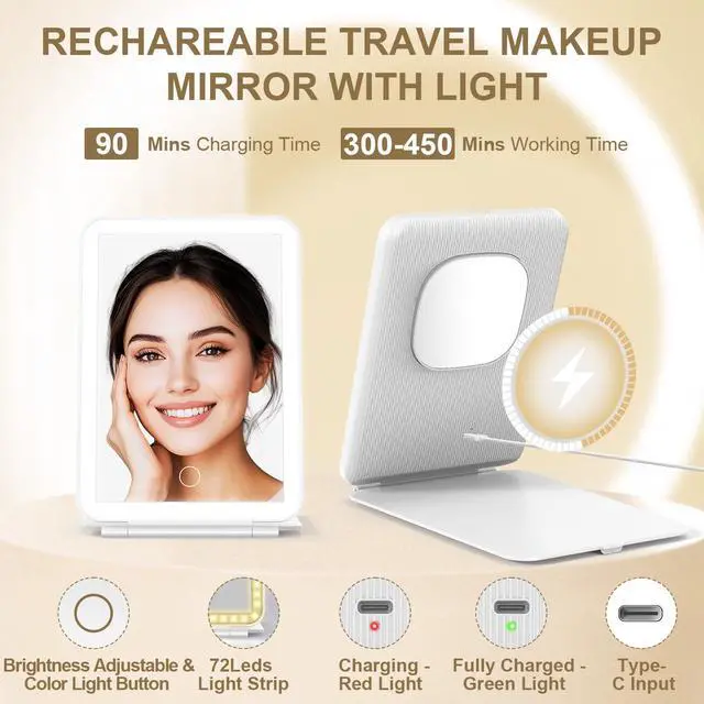 Alt view image 4 of 7 - LED Foldable Travel Makeup Mirror - 5x7 inches 3 Colors Light Modes USB Rechargeable Touch Screen, Portable Tabletop Cosmetic Mirror for Travel, Cosmetic, Office (White)