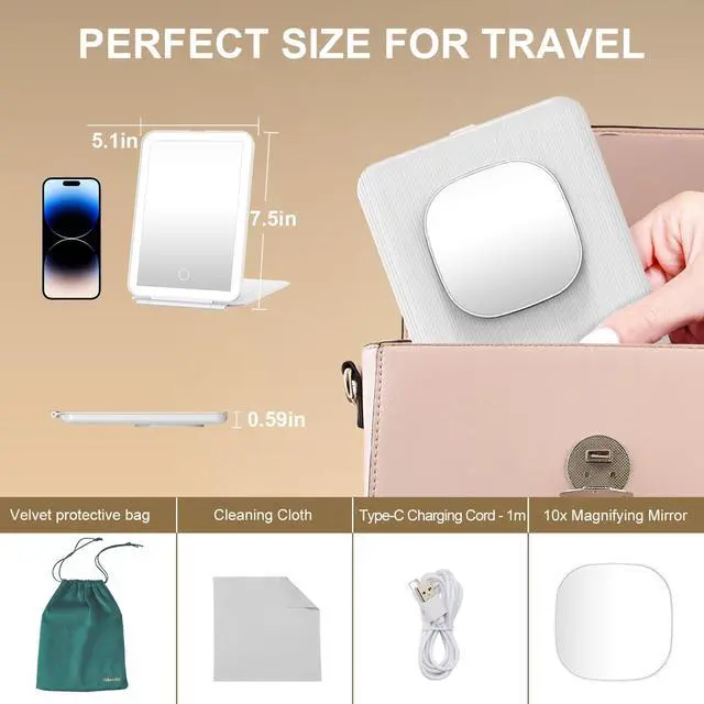 Alt view image 6 of 7 - LED Foldable Travel Makeup Mirror - 5x7 inches 3 Colors Light Modes USB Rechargeable Touch Screen, Portable Tabletop Cosmetic Mirror for Travel, Cosmetic, Office (White)