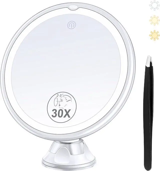 Main image of Magnifying Mirror with Light 30X, Lighted Makeup Mirror 30X for Precision Makeup, 3 Color Modes and Adjustable Brightness, 360° Swivel Magnifying Mirrors Suction Cup for Bathroom 8 Inches