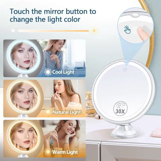 Alt view image 2 of 7 - Magnifying Mirror with Light 30X, Lighted Makeup Mirror 30X for Precision Makeup, 3 Color Modes and Adjustable Brightness, 360° Swivel Magnifying Mirrors Suction Cup for Bathroom 8 Inches