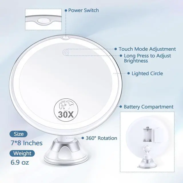 Alt view image 6 of 7 - Magnifying Mirror with Light 30X, Lighted Makeup Mirror 30X for Precision Makeup, 3 Color Modes and Adjustable Brightness, 360° Swivel Magnifying Mirrors Suction Cup for Bathroom 8 Inches