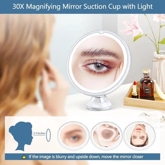 Alt view image 7 of 7 - Magnifying Mirror with Light 30X, Lighted Makeup Mirror 30X for Precision Makeup, 3 Color Modes and Adjustable Brightness, 360° Swivel Magnifying Mirrors Suction Cup for Bathroom 8 Inches
