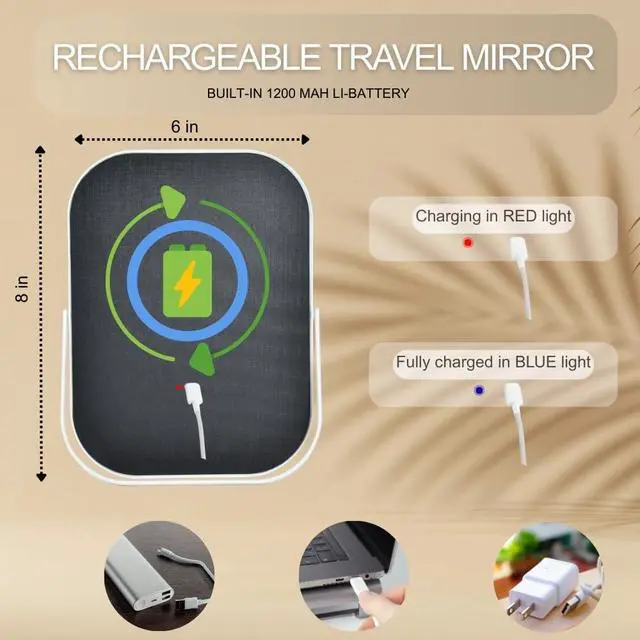 Alt view image 2 of 7 - Vanity Mirror with Lights 6x8 Inch, Rechargeable Makeup Mirror for Desk, 3-Color Lighting & Touch Control Tabletop Mirror Lights, Portable Cordless Travel Mirror