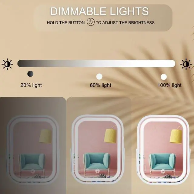 Alt view image 5 of 7 - Vanity Mirror with Lights 6x8 Inch, Rechargeable Makeup Mirror for Desk, 3-Color Lighting & Touch Control Tabletop Mirror Lights, Portable Cordless Travel Mirror