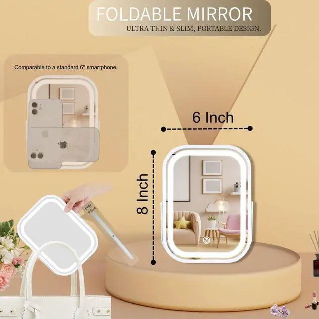 Alt view image 6 of 7 - Vanity Mirror with Lights 6x8 Inch, Rechargeable Makeup Mirror for Desk, 3-Color Lighting & Touch Control Tabletop Mirror Lights, Portable Cordless Travel Mirror