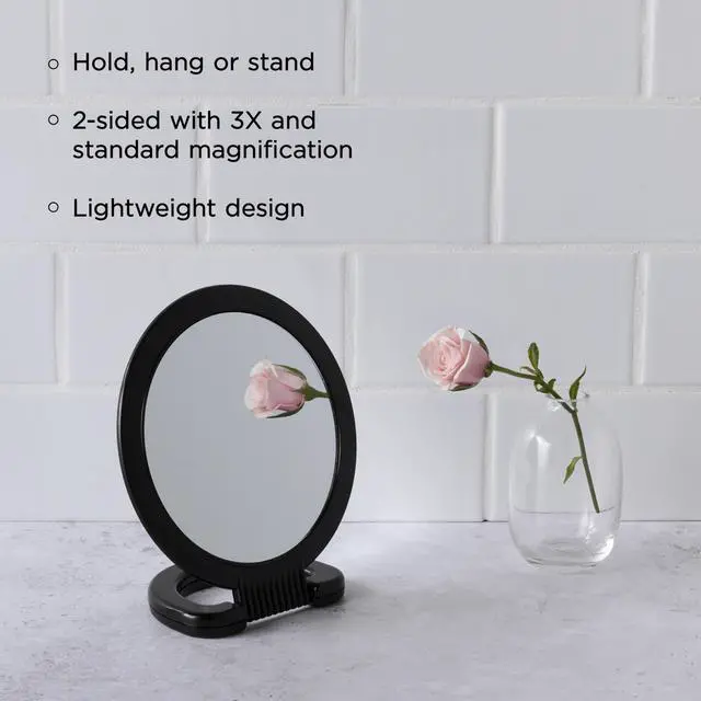 Alt view image 2 of 7 - Hand Mirror Double-Sided 1X and 3X Magnification, Lightweight Portable Handheld Mirror with Handle, Ideal for Makeup, Shaving, & Everyday Beauty, Compact Size for Travel & Gym 6" Diameter